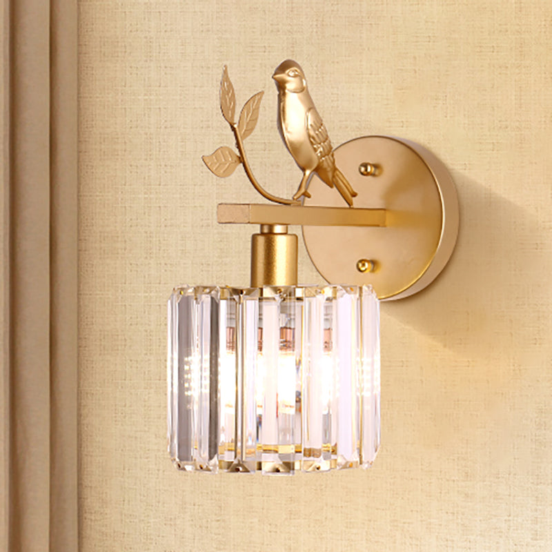 K9 Crystal Cylinder Wall Mounted Lamp Contemporary 1 Bulb Wall Sconce with Bird Accent in Black/Gold