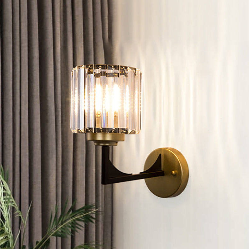 Angle Armed Wall Lighting with Clear Cylindrical Shade Modern Crystal Wall Lamp in Brass