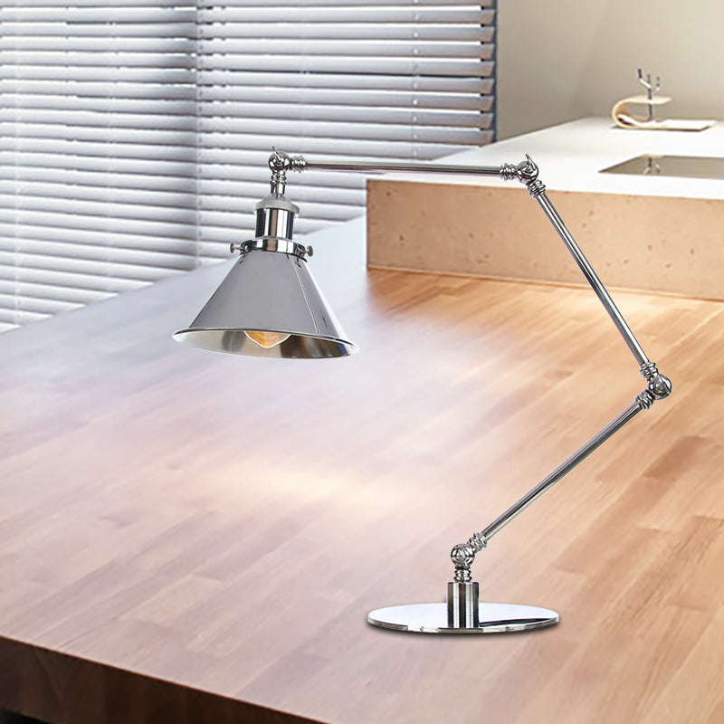 Tapered Study Room Desk Lighting Metal 1 Light Industrial Reading Book Light with 8"+8"/8"+8"+8" Length Arm in Chrome