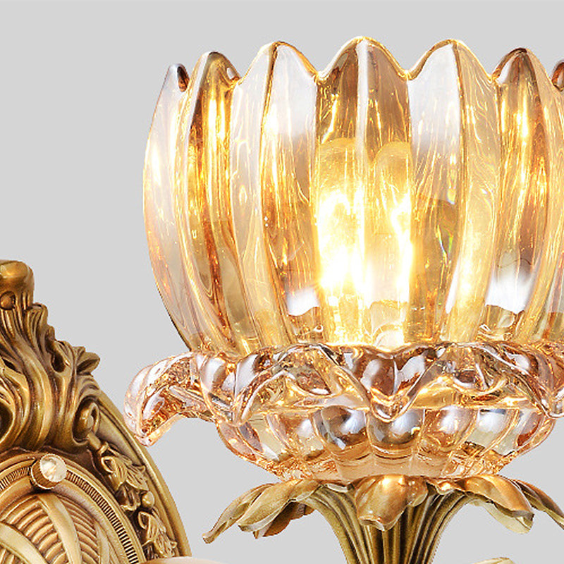 1/2 Lights Living Room Wall Mounted Lamp Vintage Brass Sconce Light with Flower Crystal Shade