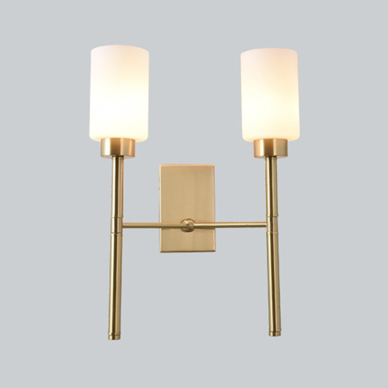 Contemporary Sconce Lights Brass Arm Wall Light for Hotel Bedroom in White Glass Shade