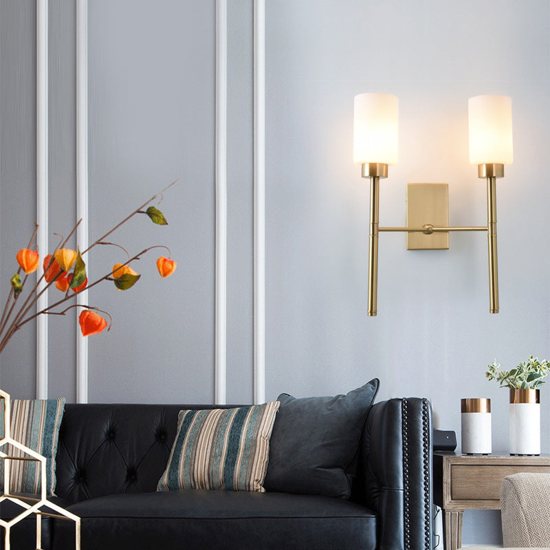 Contemporary Sconce Lights Brass Arm Wall Light for Hotel Bedroom in White Glass Shade