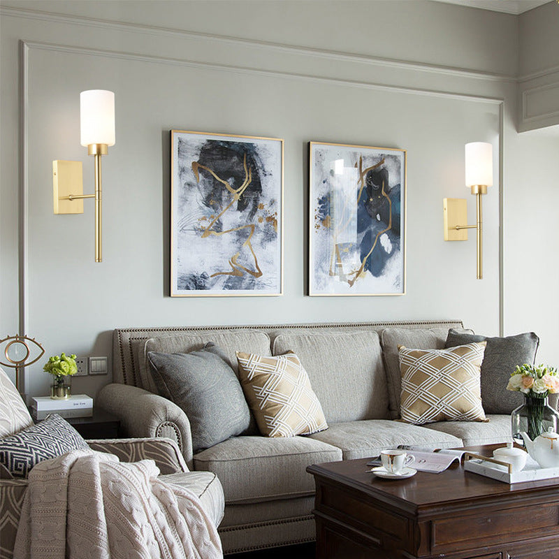 Contemporary Sconce Lights Brass Arm Wall Light for Hotel Bedroom in White Glass Shade