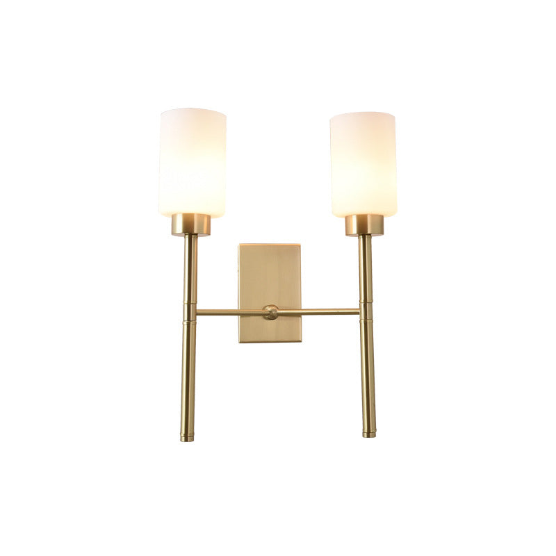 Contemporary Sconce Lights Brass Arm Wall Light for Hotel Bedroom in White Glass Shade