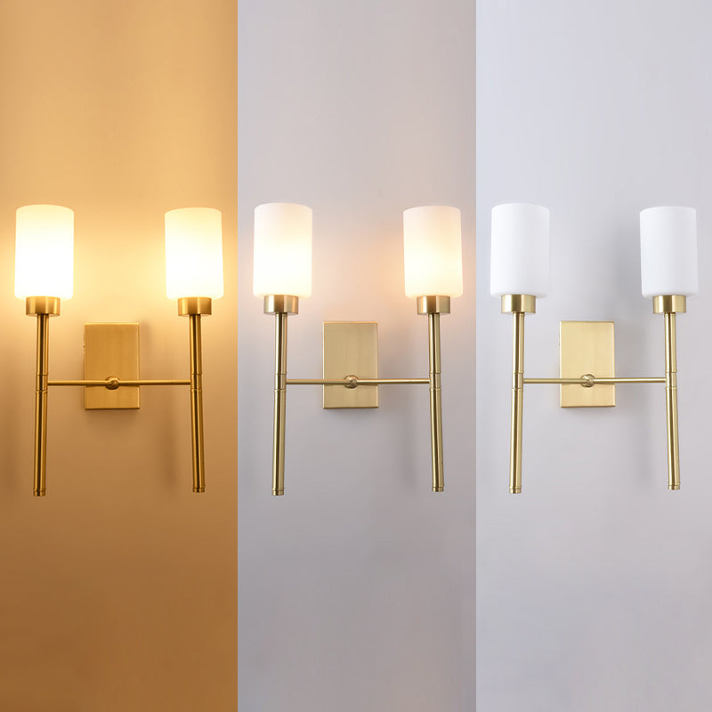 Contemporary Sconce Lights Brass Arm Wall Light for Hotel Bedroom in White Glass Shade