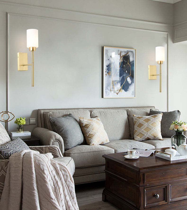 Contemporary Sconce Lights Brass Arm Wall Light for Hotel Bedroom in White Glass Shade