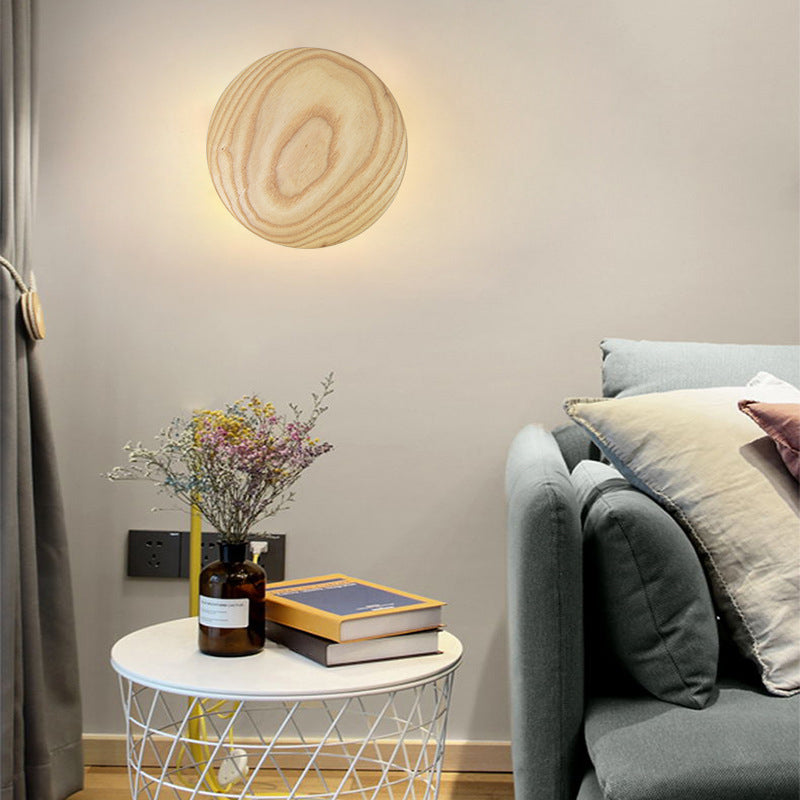 Atmosphere Circle Shape Wall Sconce Light Natural Oak LED Wall Lighting for Bedroom