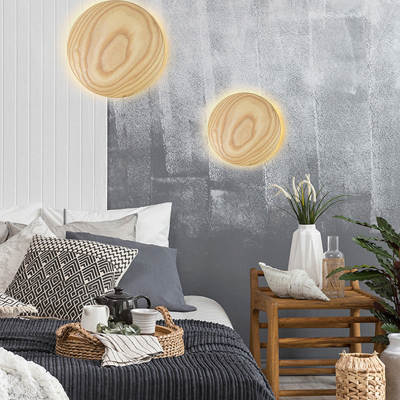 Atmosphere Circle Shape Wall Sconce Light Natural Oak LED Wall Lighting for Bedroom