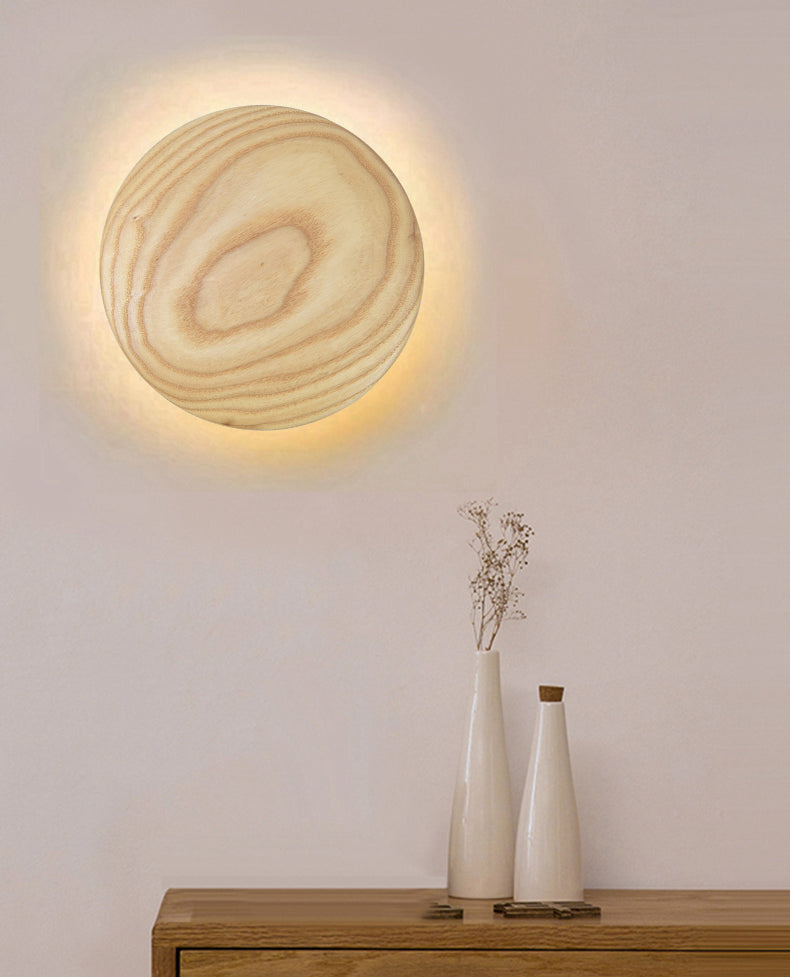 Atmosphere Circle Shape Wall Sconce Light Natural Oak LED Wall Lighting for Bedroom