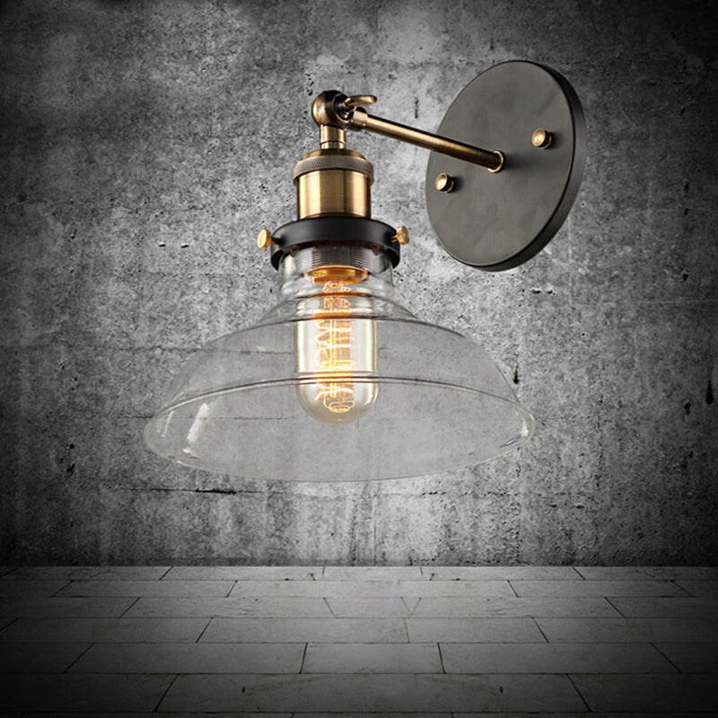 Industrial 1 Light Wall Sconce Aged Brass Arm Wall lighting in Pure Glass Barn Shade