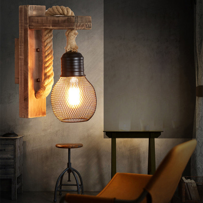 Aplique de pared industrial vintage 1 luz de aplique de cuerda natural para bar cafetería