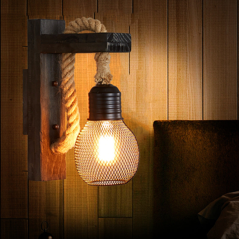 Aplique de pared industrial vintage 1 luz de aplique de cuerda natural para bar cafetería