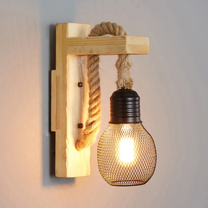 Aplique de pared industrial vintage 1 luz de aplique de cuerda natural para bar cafetería