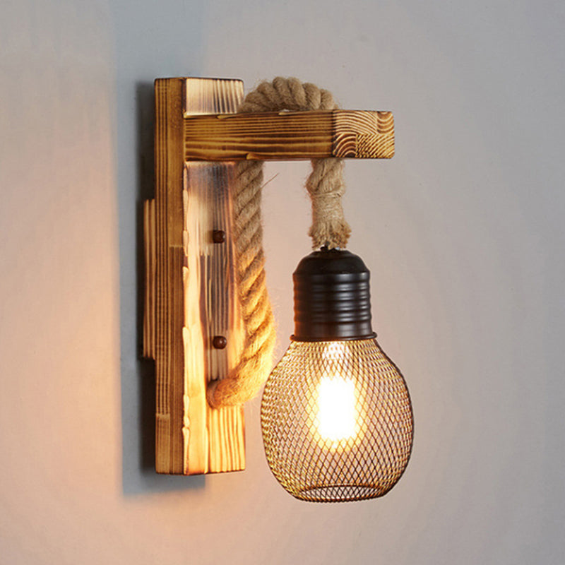 Aplique de pared industrial vintage 1 luz de aplique de cuerda natural para bar cafetería