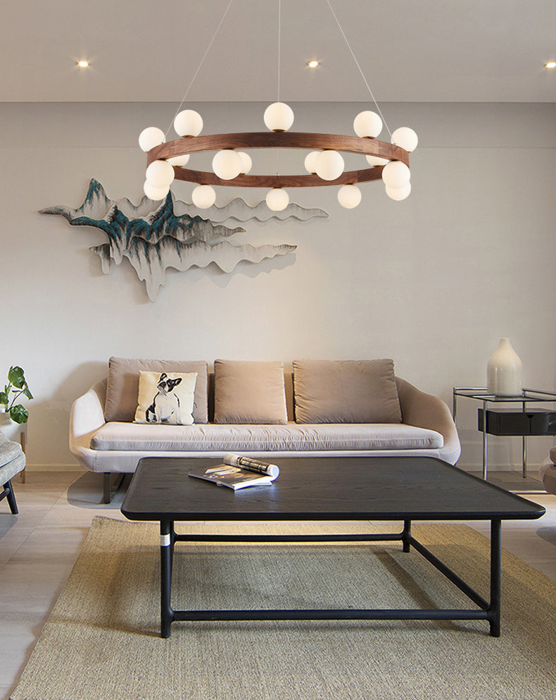 Nordic Minimalist Circular Chandelier Lamp Wood Hanging Pendant Lights for Restaurant
