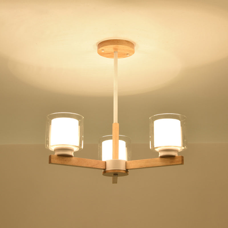 Modern Cylinder Chandelier Light Fixtures Wood Hanging Light Kit for Living Room