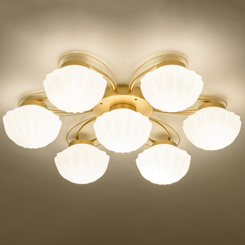 American Traditional Style Plafond Light Mount-Mount avec des coquillages en verre givré blanc Shade en or