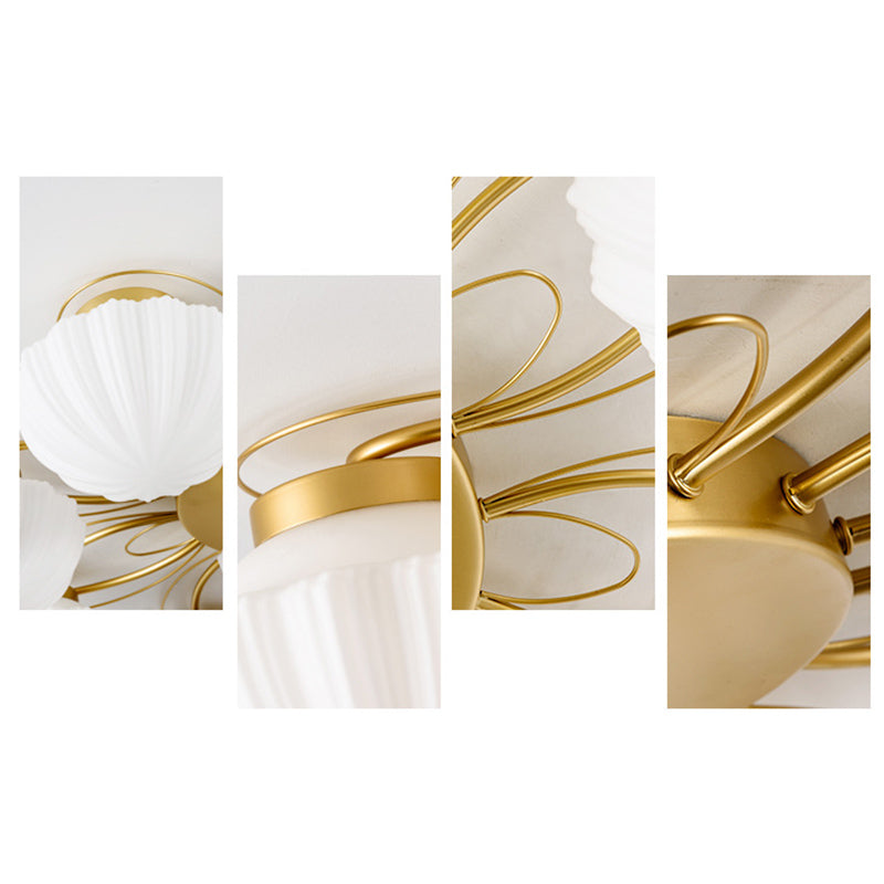American Traditional Style Plafond Light Mount-Mount avec des coquillages en verre givré blanc Shade en or