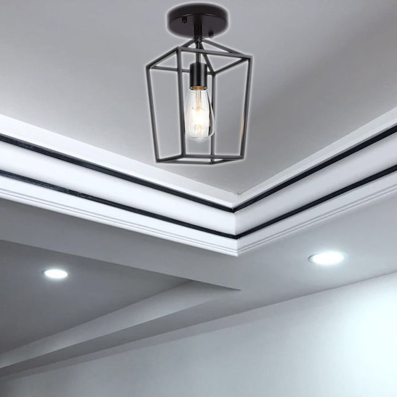 Single Bulb Iron Frame Ceiling Light Industrial Vintage Style Mini Flush-mount Lighting Fixture in Black