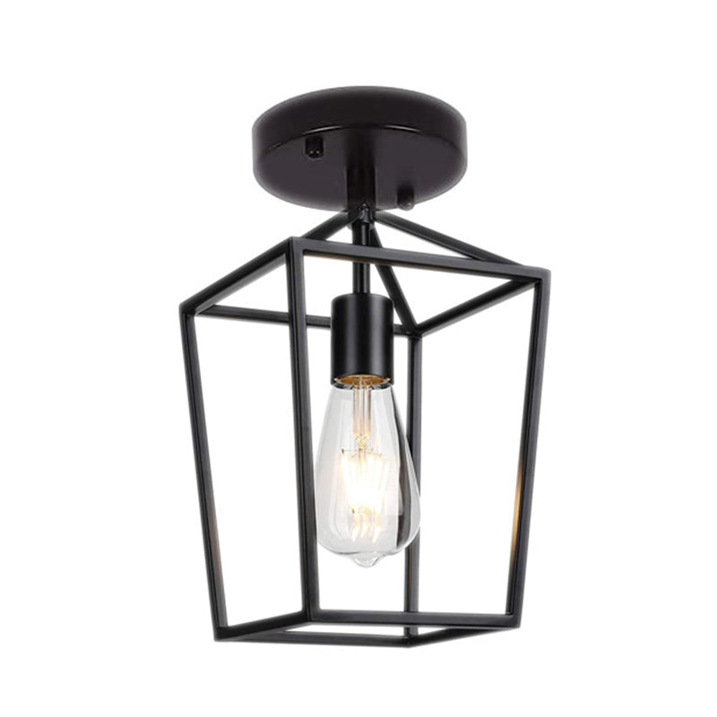 Single Bulb Iron Frame Ceiling Light Industrial Vintage Style Mini Flush-mount Lighting Fixture in Black