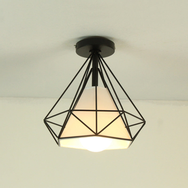 Marco de hierro en forma de diamante techo claro de tela blanca simplicidad mini accesorio de iluminación para corredor de balcón