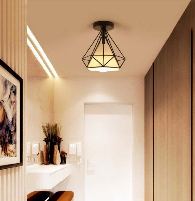 Marco de hierro en forma de diamante techo claro de tela blanca simplicidad mini accesorio de iluminación para corredor de balcón
