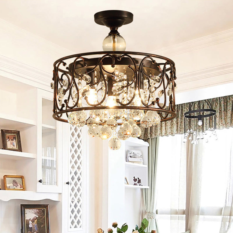 3-Lights Drum Ceiling Light with Romantic Crystal Drops Design Wrought Iron Semi Flush-mount Lighting Fixture in Rust