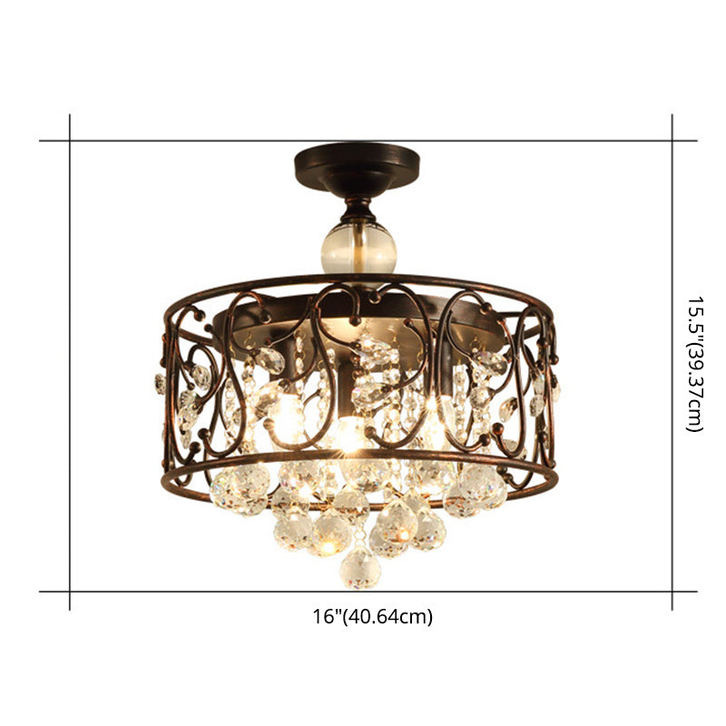 3-Lights Drum Ceiling Light with Romantic Crystal Drops Design Wrought Iron Semi Flush-mount Lighting Fixture in Rust