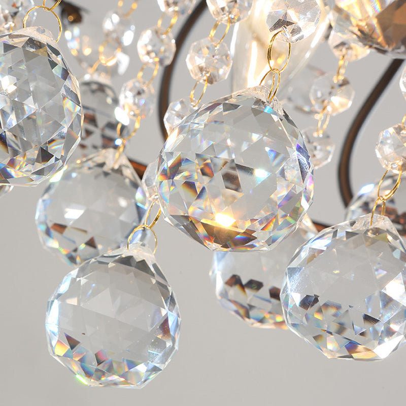 3-Lights Drum Ceiling Light with Romantic Crystal Drops Design Wrought Iron Semi Flush-mount Lighting Fixture in Rust