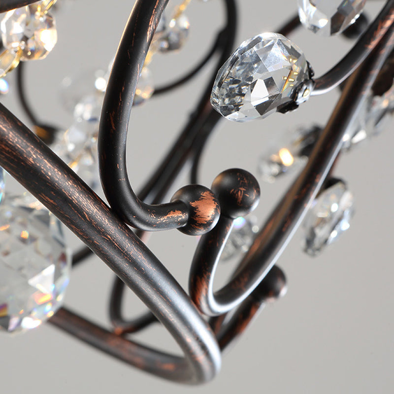 3-Lights Drum Ceiling Light with Romantic Crystal Drops Design Wrought Iron Semi Flush-mount Lighting Fixture in Rust