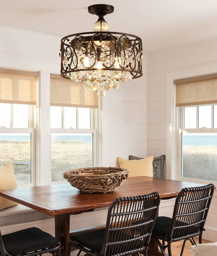 3-Lights Drum Ceiling Light with Romantic Crystal Drops Design Wrought Iron Semi Flush-mount Lighting Fixture in Rust