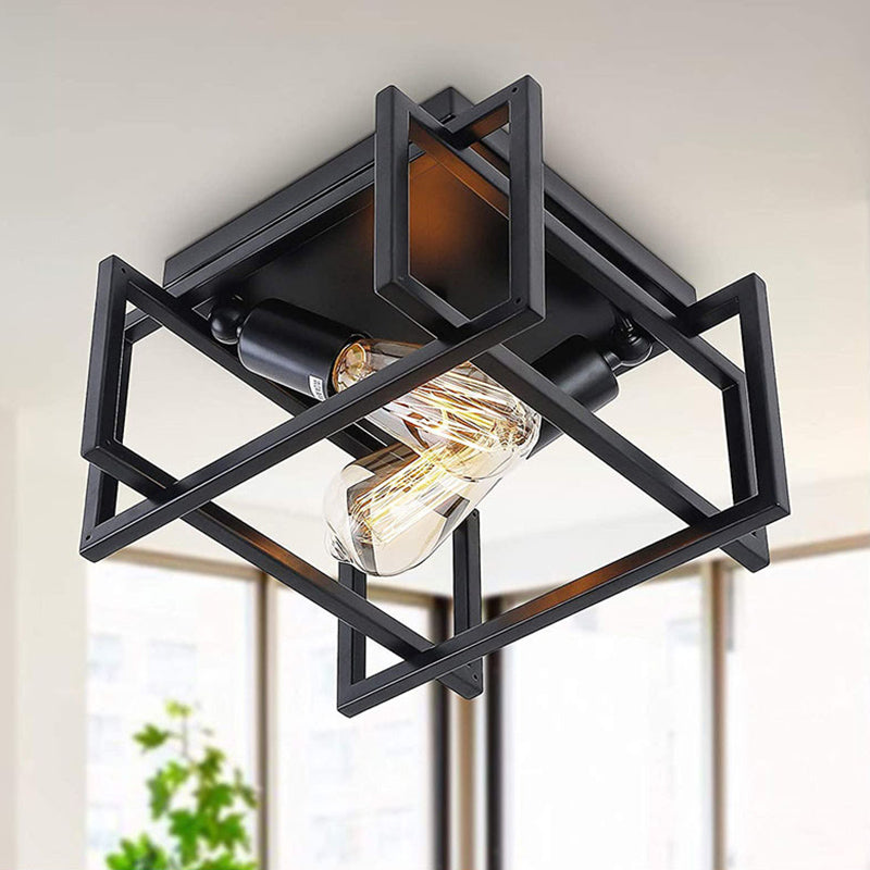 Frame Rectangular Lighting Fixtures Industrial Style Iron 2 Light Semi Flush Mount Ceiling Lights for Restaurant Corridor