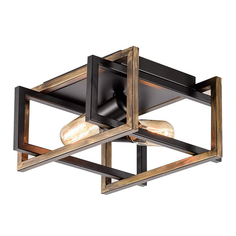 Frame Rectangular Lighting Fixtures Industrial Style Iron 2 Light Semi Flush Mount Ceiling Lights for Restaurant Corridor