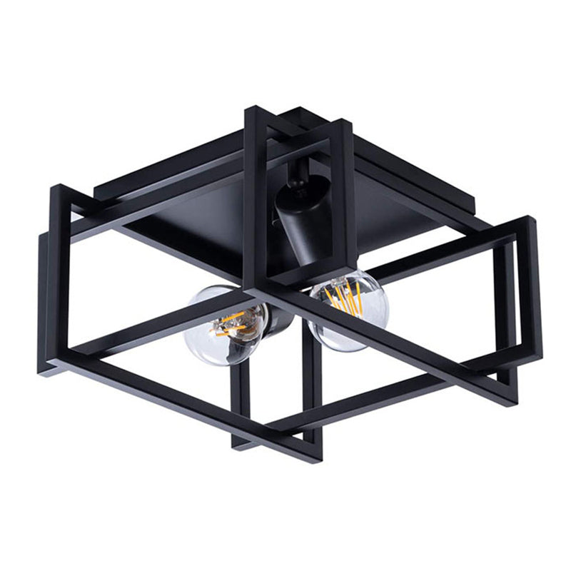 Frame Rectangular Lighting Fixtures Industrial Style Iron 2 Light Semi Flush Mount Ceiling Lights for Restaurant Corridor