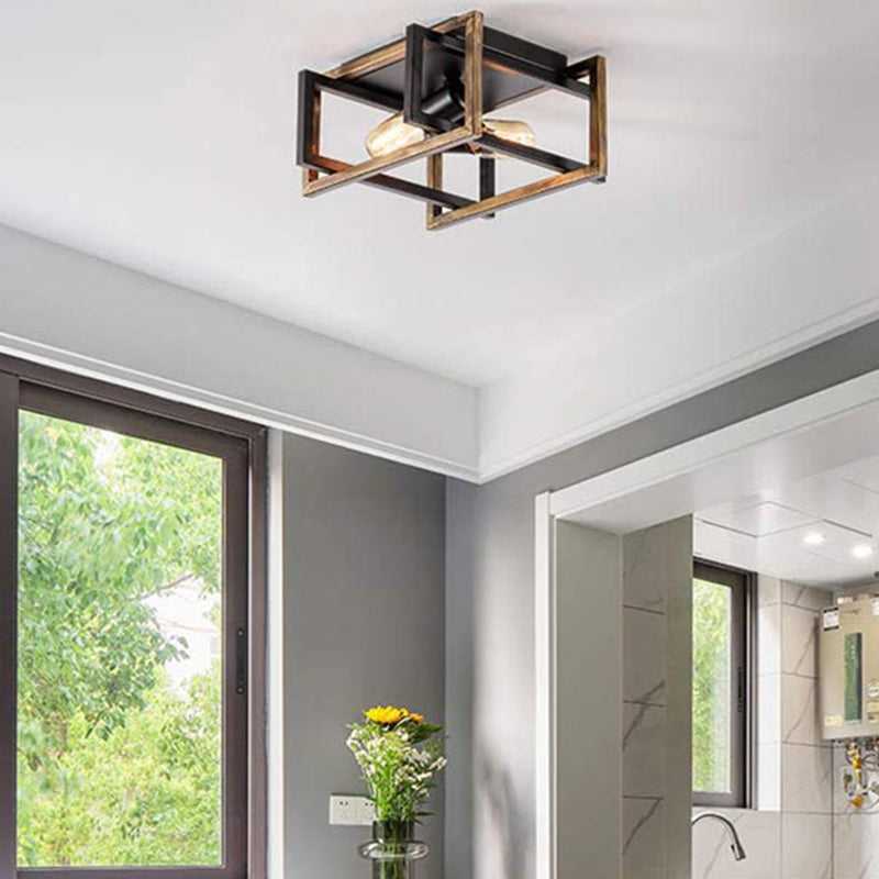 Frame Rectangular Lighting Fixtures Industrial Style Iron 2 Light Semi Flush Mount Ceiling Lights for Restaurant Corridor
