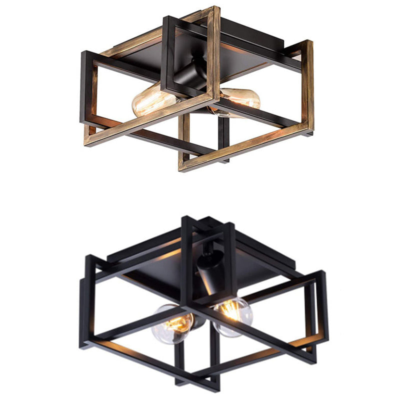 Frame Rectangular Lighting Fixtures Industrial Style Iron 2 Light Semi Flush Mount Ceiling Lights for Restaurant Corridor