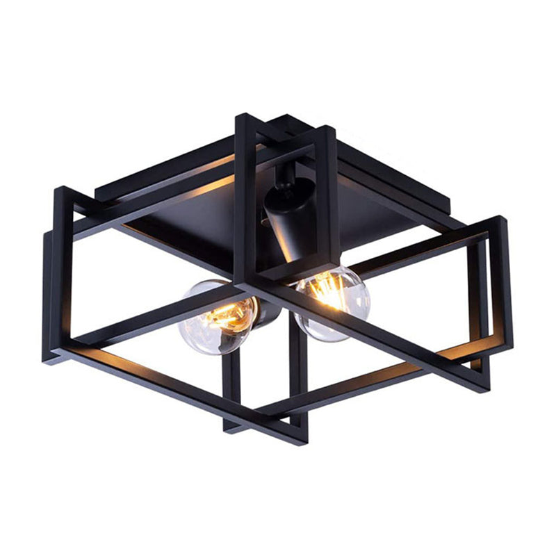 Frame Rectangular Lighting Fixtures Industrial Style Iron 2 Light Semi Flush Mount Ceiling Lights for Restaurant Corridor