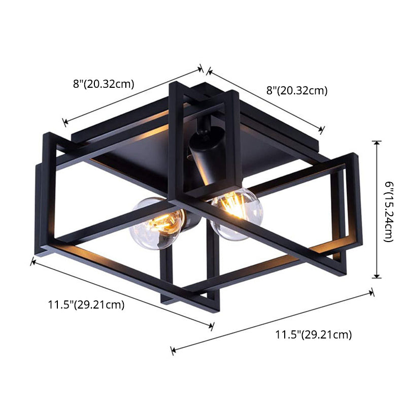 Frame Rectangular Lighting Fixtures Industrial Style Iron 2 Light Semi Flush Mount Ceiling Lights for Restaurant Corridor