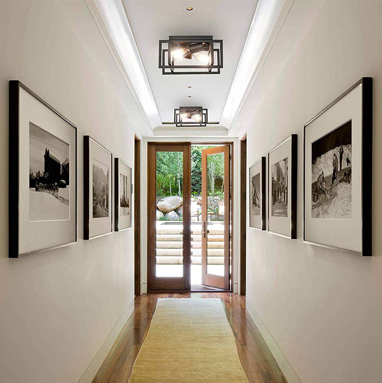 Frame Rectangular Lighting Fixtures Industrial Style Iron 2 Light Semi Flush Mount Ceiling Lights for Restaurant Corridor