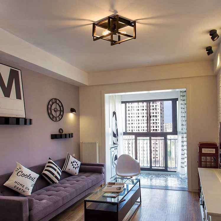 Frame Rectangular Lighting Fixtures Industrial Style Iron 2 Light Semi Flush Mount Ceiling Lights for Restaurant Corridor