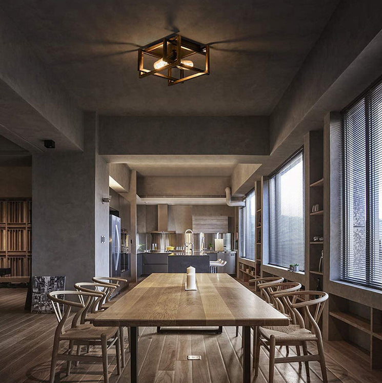 Frame Rectangular Lighting Fixtures Industrial Style Iron 2 Light Semi Flush Mount Ceiling Lights for Restaurant Corridor