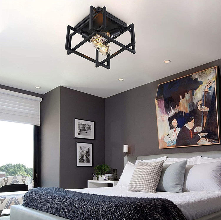 Frame Rectangular Lighting Fixtures Industrial Style Iron 2 Light Semi Flush Mount Ceiling Lights for Restaurant Corridor