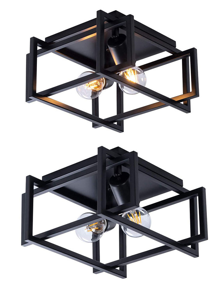 Frame Rectangular Lighting Fixtures Industrial Style Iron 2 Light Semi Flush Mount Ceiling Lights for Restaurant Corridor