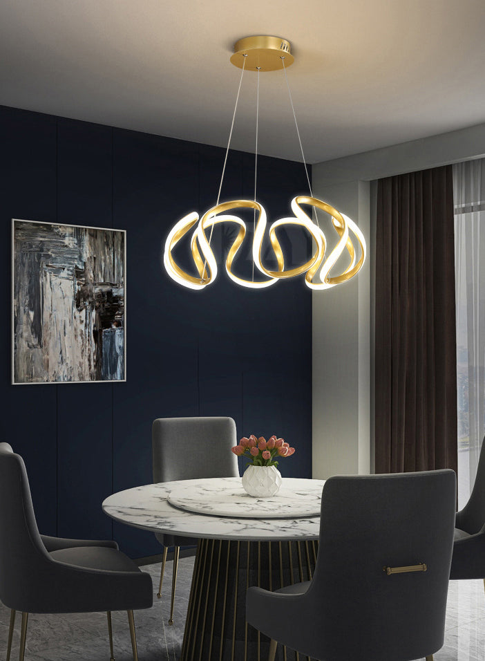 Adjustable Hanging Cord Chandelier Light Modern Simplicity Symmetrical Curves Metal Ceiling Pendant for Restaurant