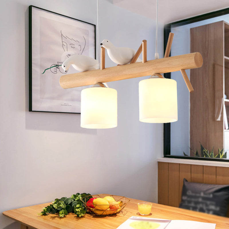 Cylindrical Large Kitchen Pendant Lights White Glass Modern Island Chandelier Lights with Bird Decoration for Restaurant