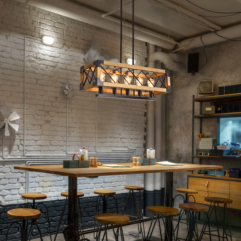 Rectangle Over Island Lighting Wooden Retro Industrial Style Hanging Island Lights for Restaurant