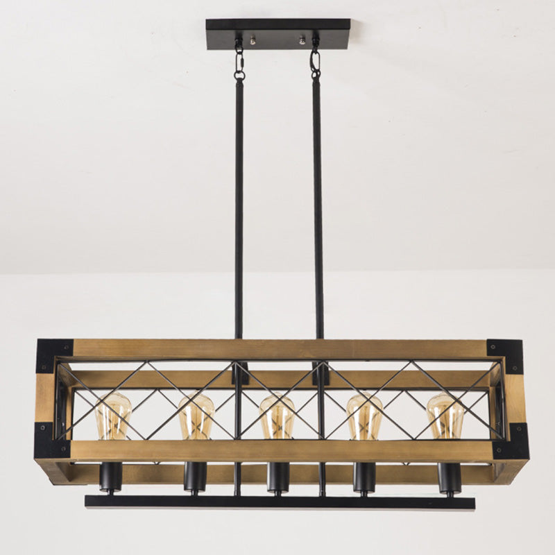 Rectangle Over Island Lighting Wooden Retro Industrial Style Hanging Island Lights for Restaurant