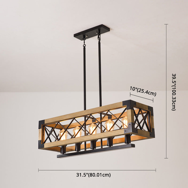Rectangle Over Island Lighting Wooden Retro Industrial Style Hanging Island Lights for Restaurant
