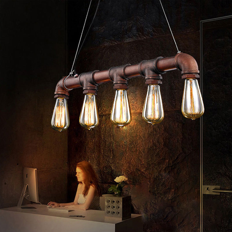 Elongated Pipe Hanging Island Lights Retro Industrial Style Metal Chandelier Lighting Fixtures for Coffee Shop