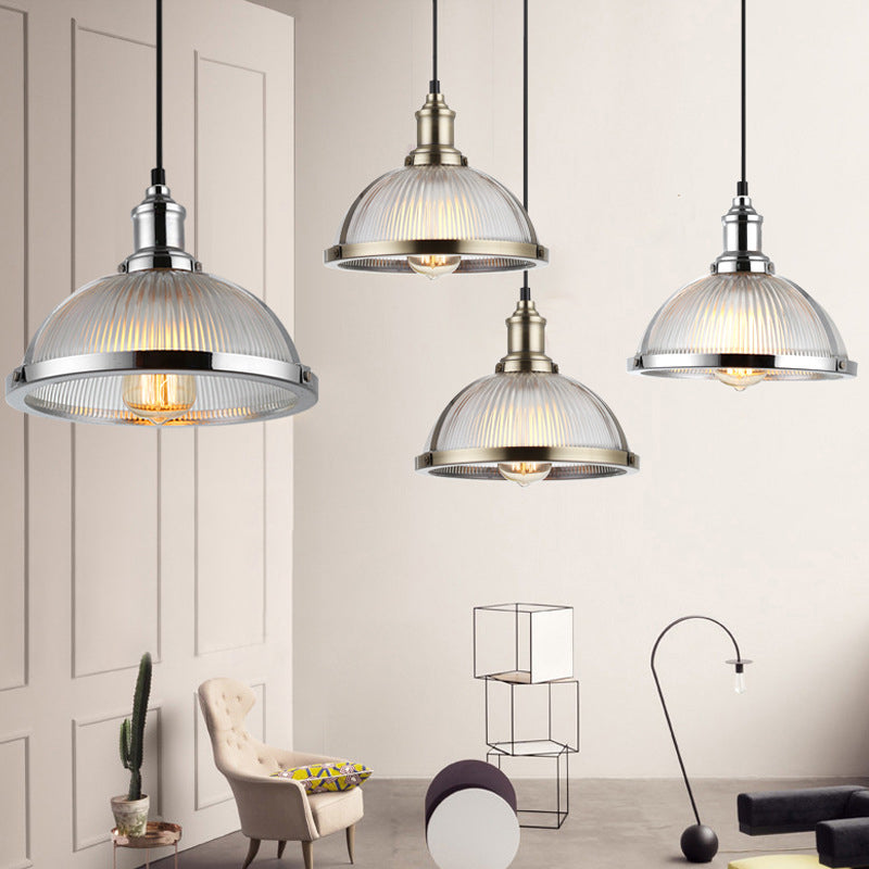 Ribbed Frosted Glass Dome Shade Hanging Light Metal Lamp Holder Bedside Lamp with 59" Adjustable Hanging Cord